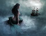 Ship Canvas Paintings - Mermaid and pirate ship